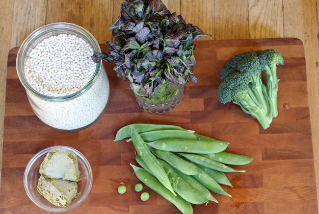 Israeli Couscous, pesto, watercress, english peas, broccoli