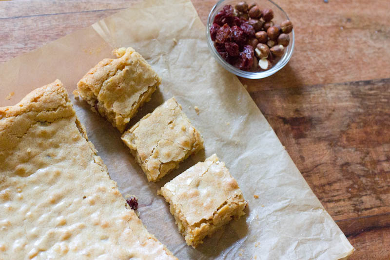 Brown Butter Bar recipe with dried cherries and toasted hazelnuts