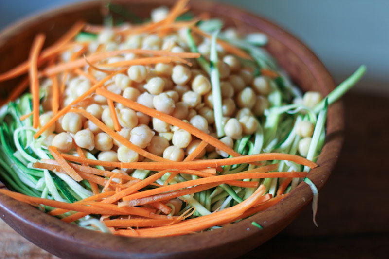 Zucchini Noodle Salad with Chickpeas and Chinese Spiced Peanut Sauce