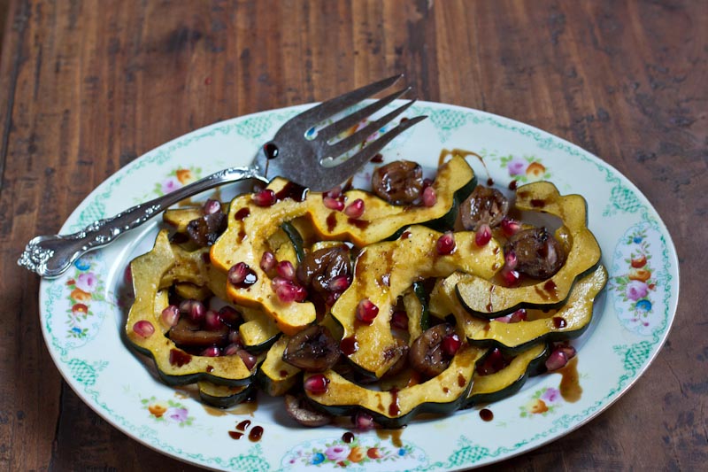 Roasted Squash and Chestnuts with Pomegranate Maple Balsamic Sauce