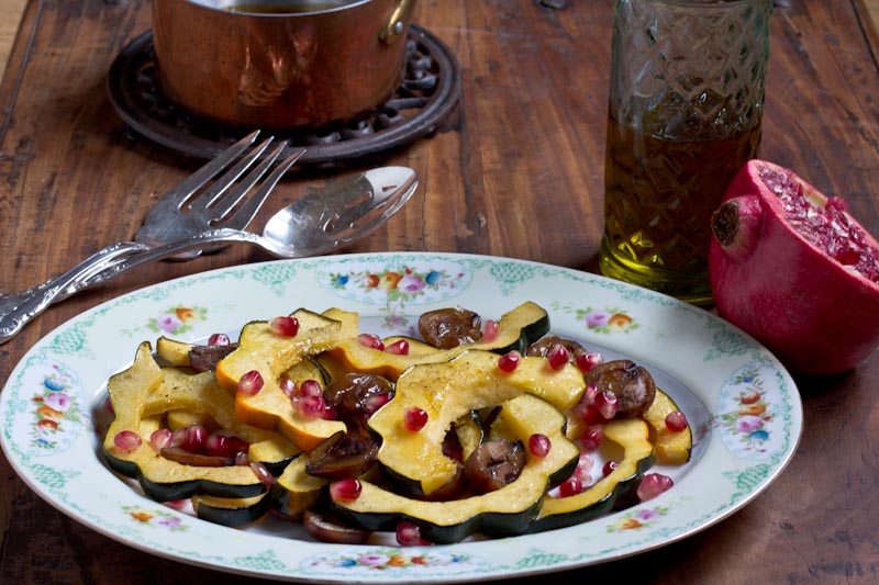 Roasted Squash and Chestnuts with Pomegranate Maple Balsamic Sauce