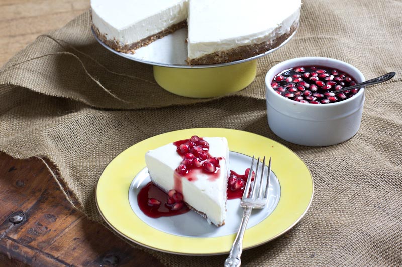 Greek Yogurt Cheesecake Recipe with Pomegranate Sauce