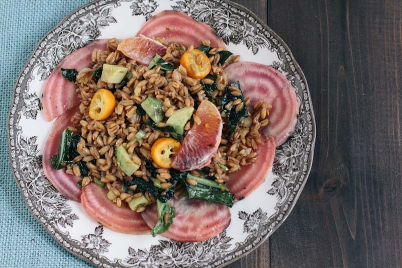 Farro Salad with kumquats blood oranges and beets 