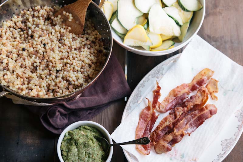 Garlic Scape and Almond Pesto over Squash and Pasta 