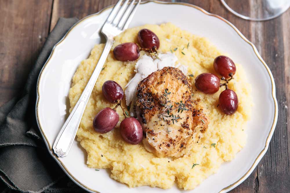 Roasted Chicken with Grapes over Polenta