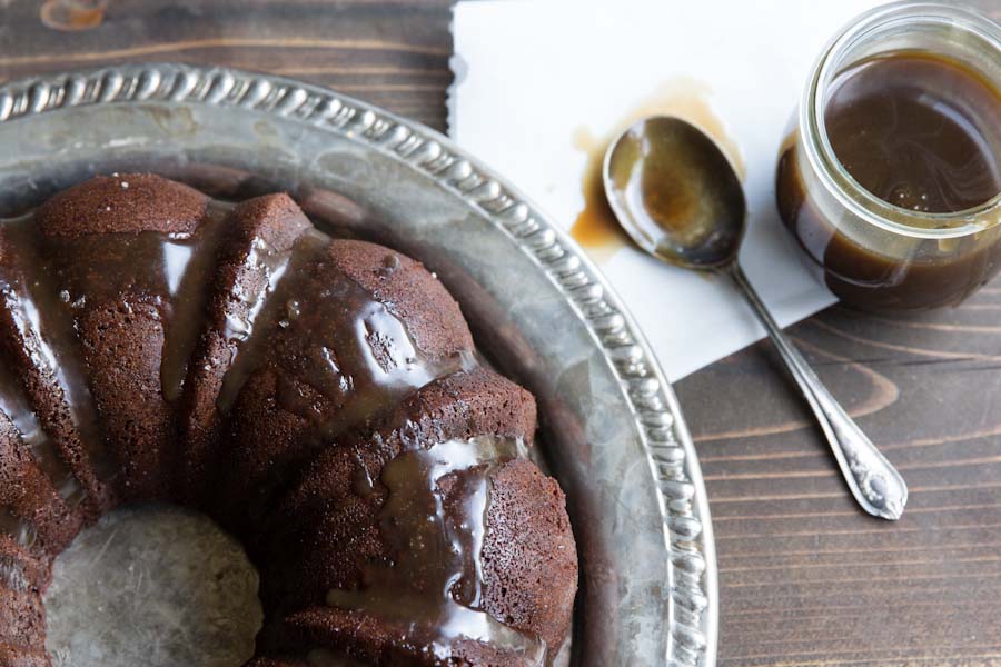 Chocolate Bundt Cake with Whiskey Caramel Sauce