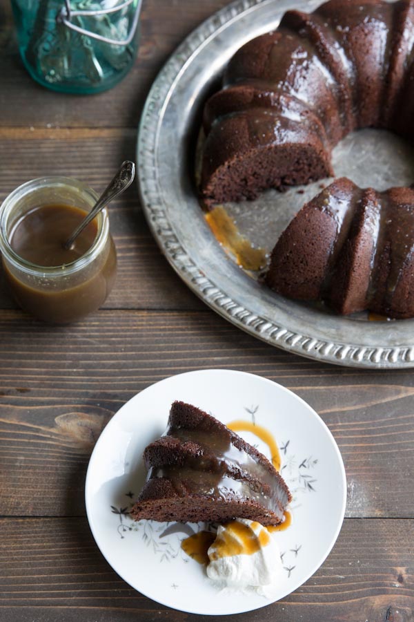 Chocolate Bundt Cake with Whiskey Caramel Sauce