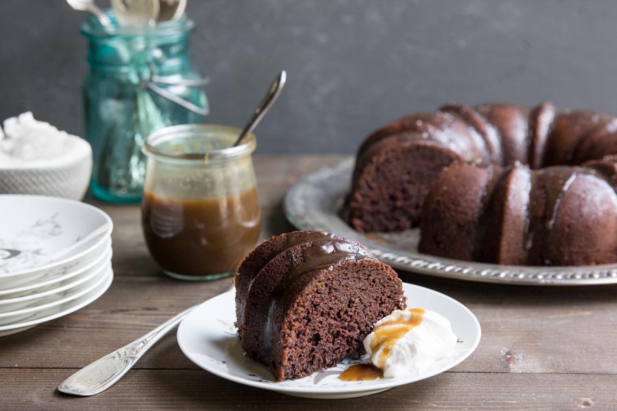 Chocolate Bundt Cake with Whiskey Caramel Sauce 