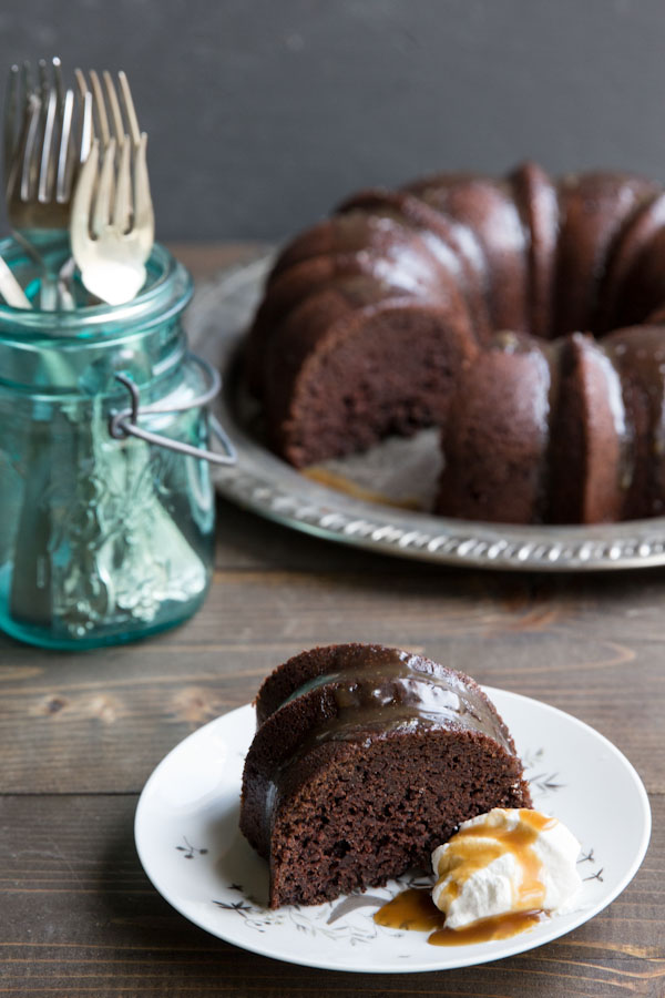 Chocolate Bundt Cake with Whiskey Caramel Sauce