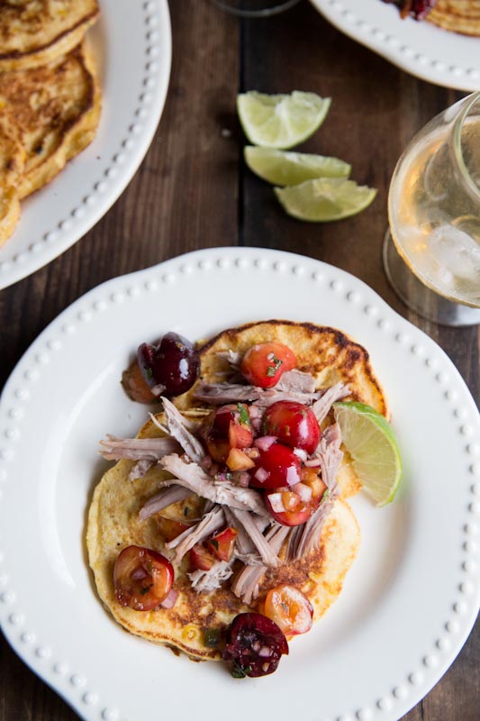 Fresh Corn Cakes with Pulled Pork and Cherry Salsa • theVintageMixer.com