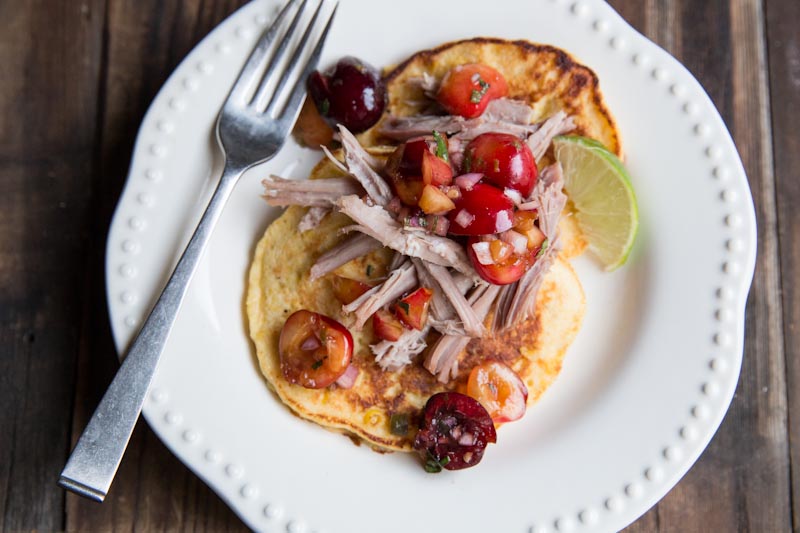 Fresh Corn Cakes with Pulled Pork and Cherry Salsa • theVintageMixer.com