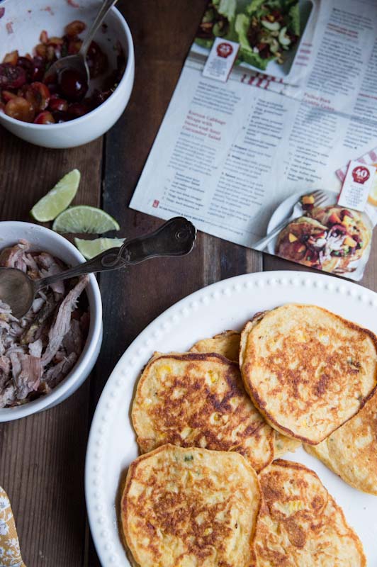 Fresh Corn Cakes with Pulled Pork and Cherry Salsa • theVintageMixer.com