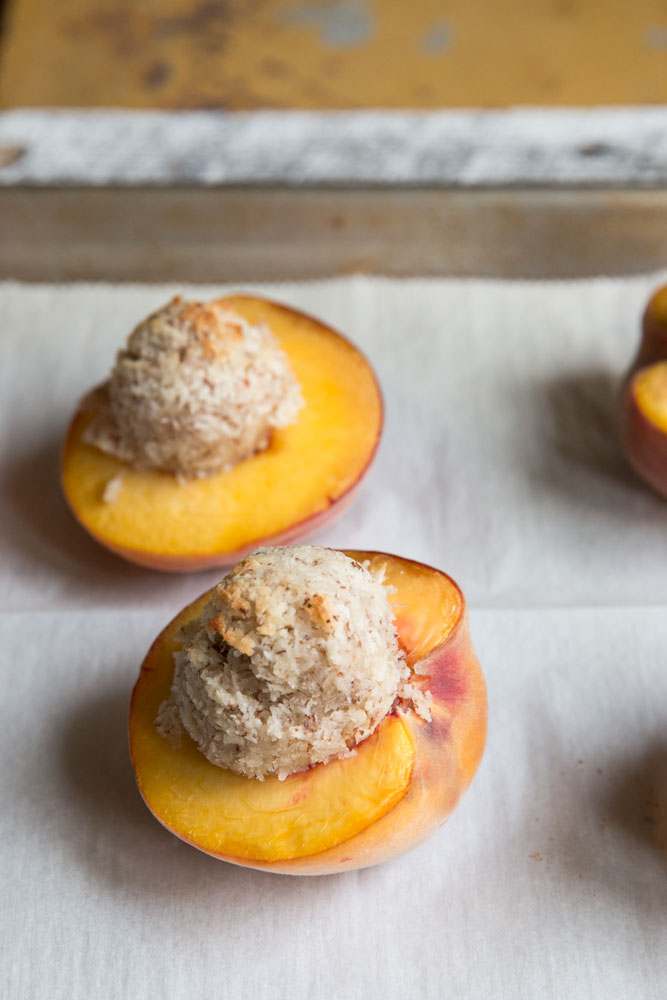 Coconut Macaroon Filled Peaches • theVintageMixer.com #eatseasonal