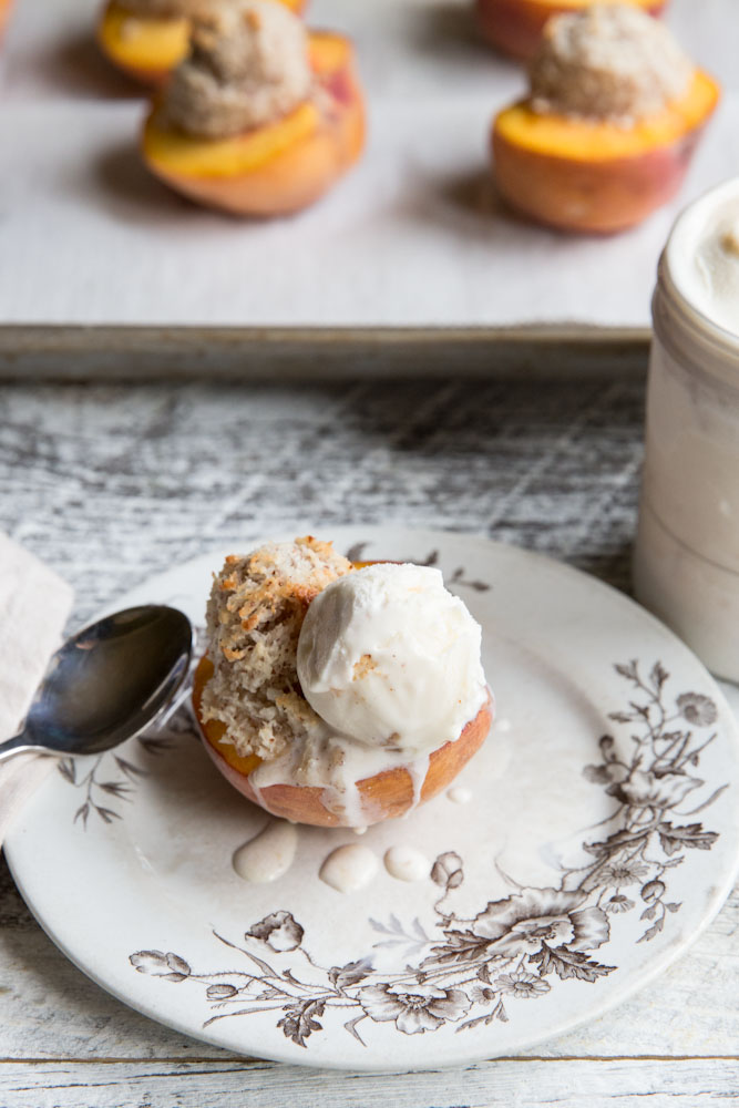 Coconut Macaroon Filled Peaches • theVintageMixer.com #eatseasonal