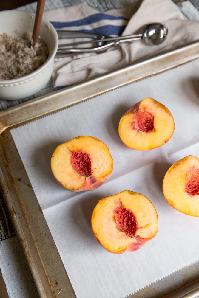 Coconut Macaroon Filled Peaches • theVintageMixer.com #eatseasonal