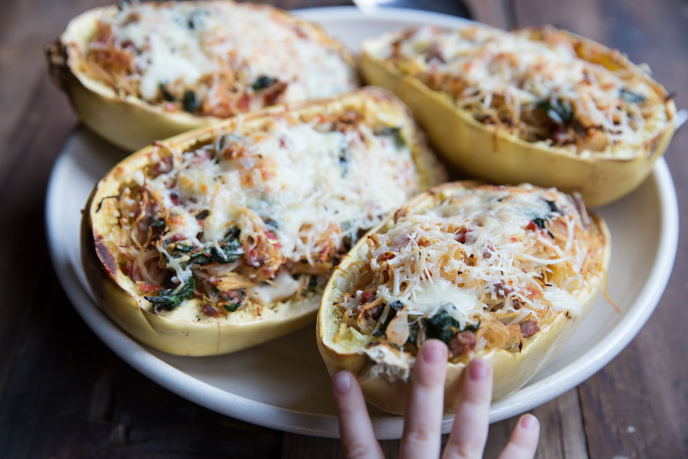 Twice Baked Spaghetti Squash Recipe • theVintageMixer.com #healthydinner