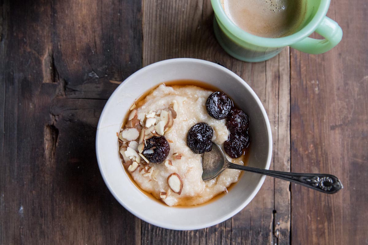 Farro Porridge Recipes with Brown Sugar Soaked Cherries and Almonds • theVintageMixer.com #porridge