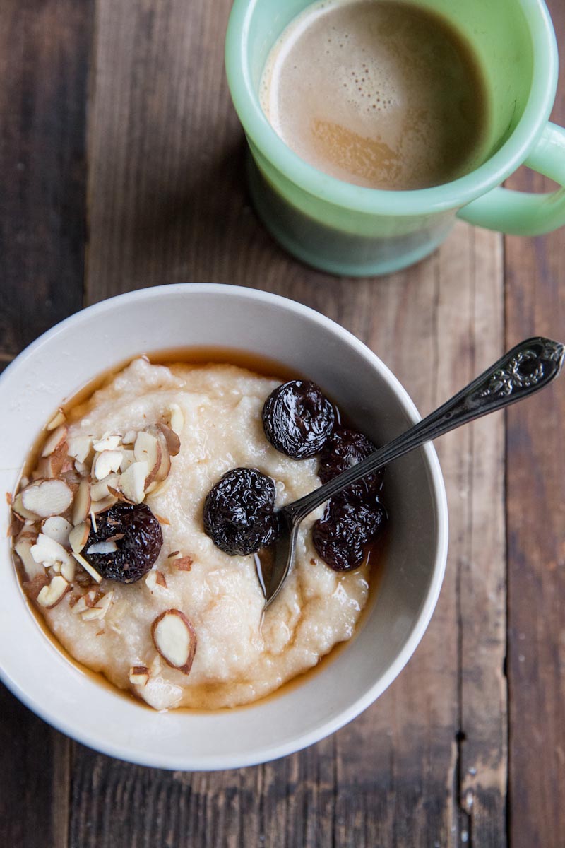 Farro Porridge Recipes with Brown Sugar Soaked Cherries and Almonds • theVintageMixer.com #porridge