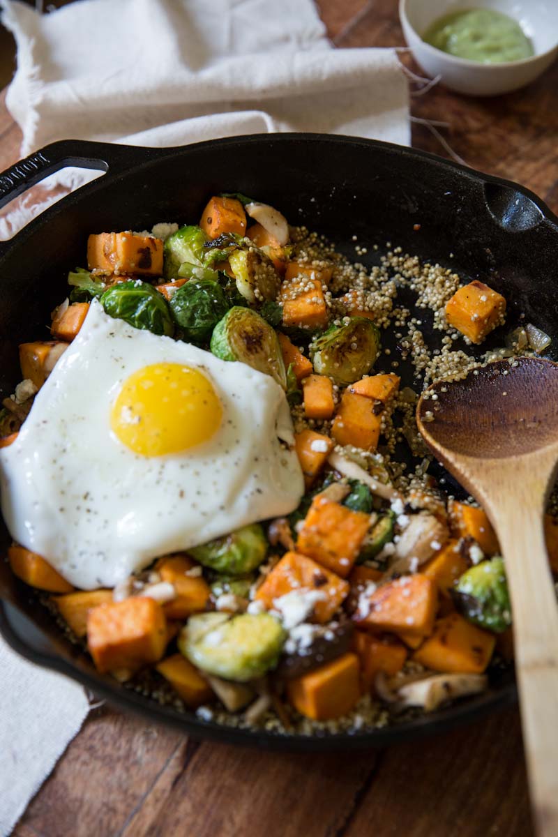 Sweet Potato Mushroom Brussels Sprout Hash with Quinoa • theVintageMixer.com #breakfast