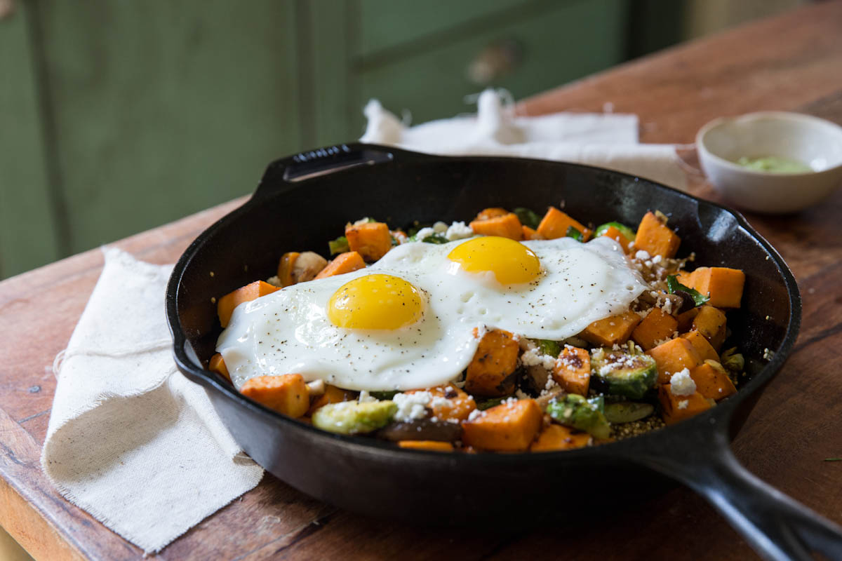 Sweet Potato Mushroom Brussels Sprout Hash with Quinoa • theVintageMixer.com #breakfast