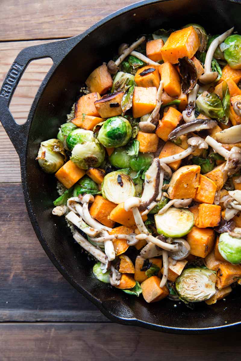 Sweet Potato Mushroom Brussels Sprout Hash with Quinoa • theVintageMixer.com #breakfast