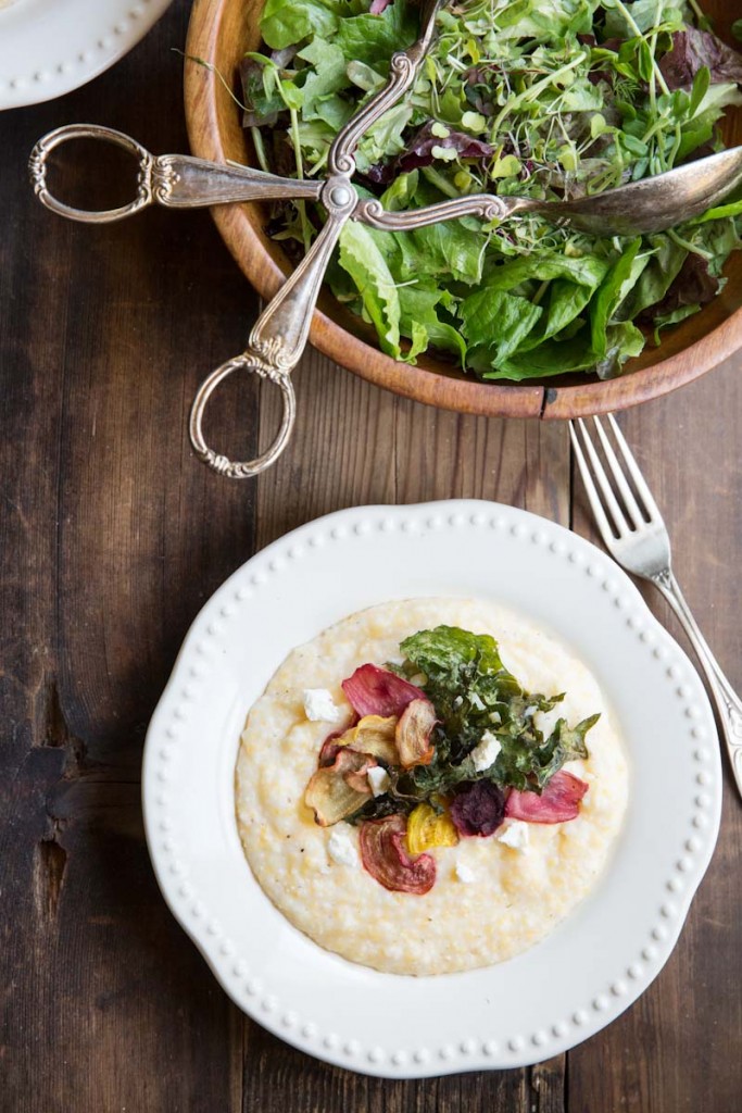 Goat Cheese Polenta with Crispy Beets and Kale • theVintageMixer.com #vegetarian #eatseasonal