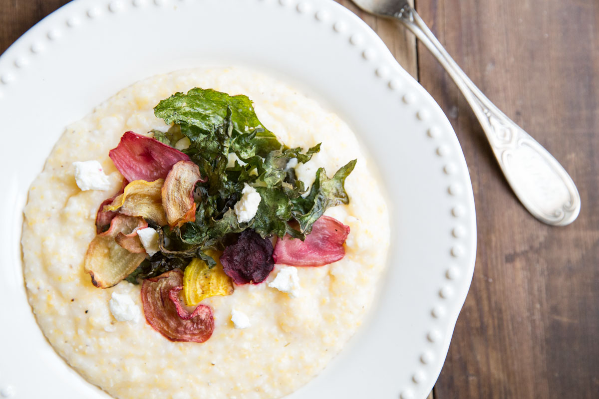 Goat Cheese Polenta with Crispy Beets and Kale • theVintageMixer.com #vegetarian #eatseasonal