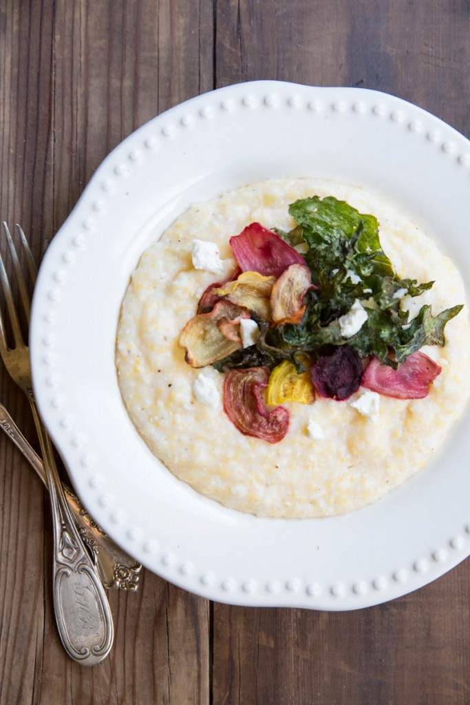 Goat Cheese Polenta with Crispy Beets and Kale • theVintageMixer.com #vegetarian #eatseasonal