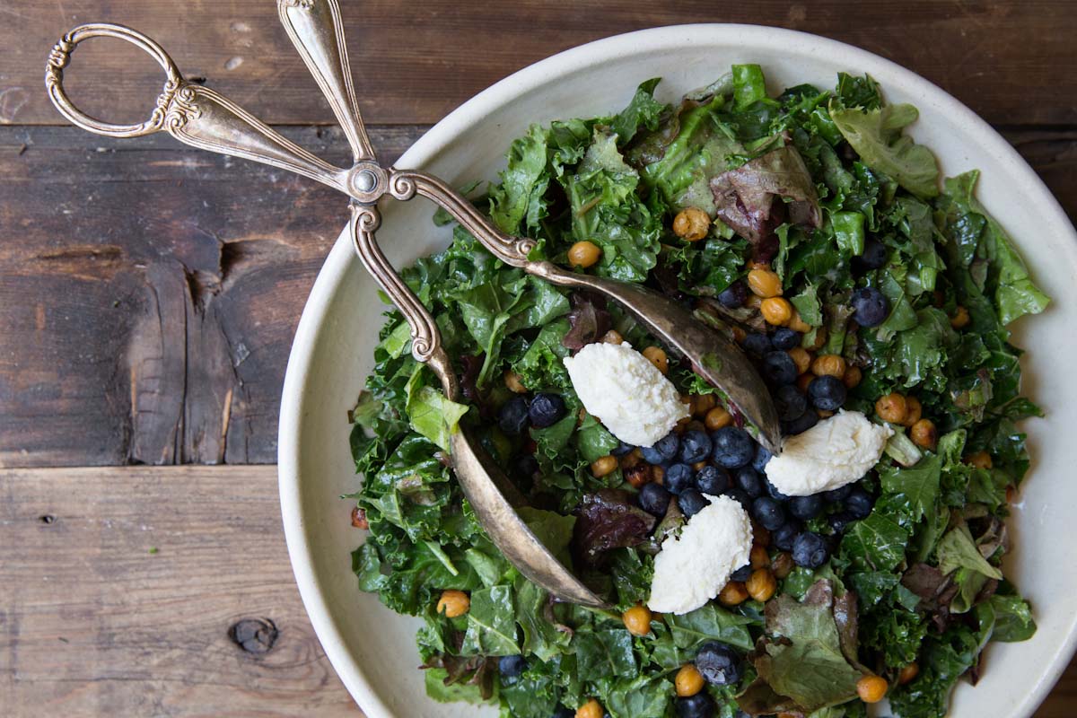 kale and blueberry caesar salad recipe • theVintageMixer.com #saladrecipe #eatseasonal