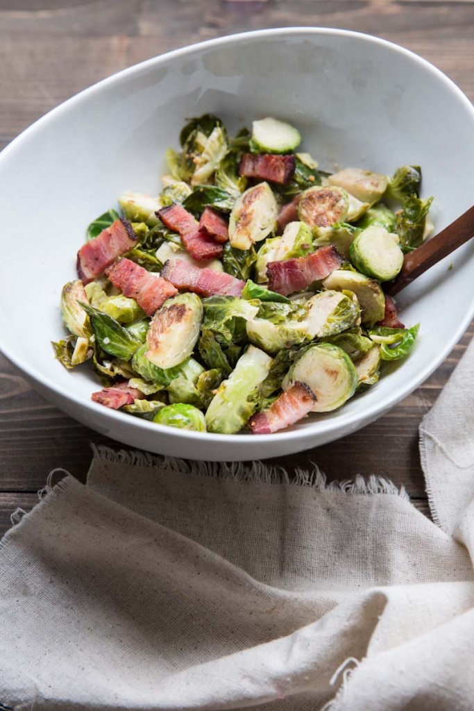 Brussels Sprouts with Bacon Recipe • theVintageMixer.com #Thanksgivingrecipe #sidedish #brusselssprouts