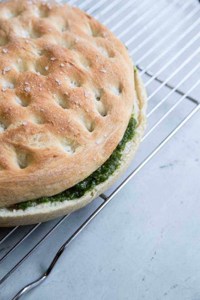 Pesto Filled Focaccia Bread Recipe • theVintageMixer.com #breadrecipe #focaccia #Italianfocaccia