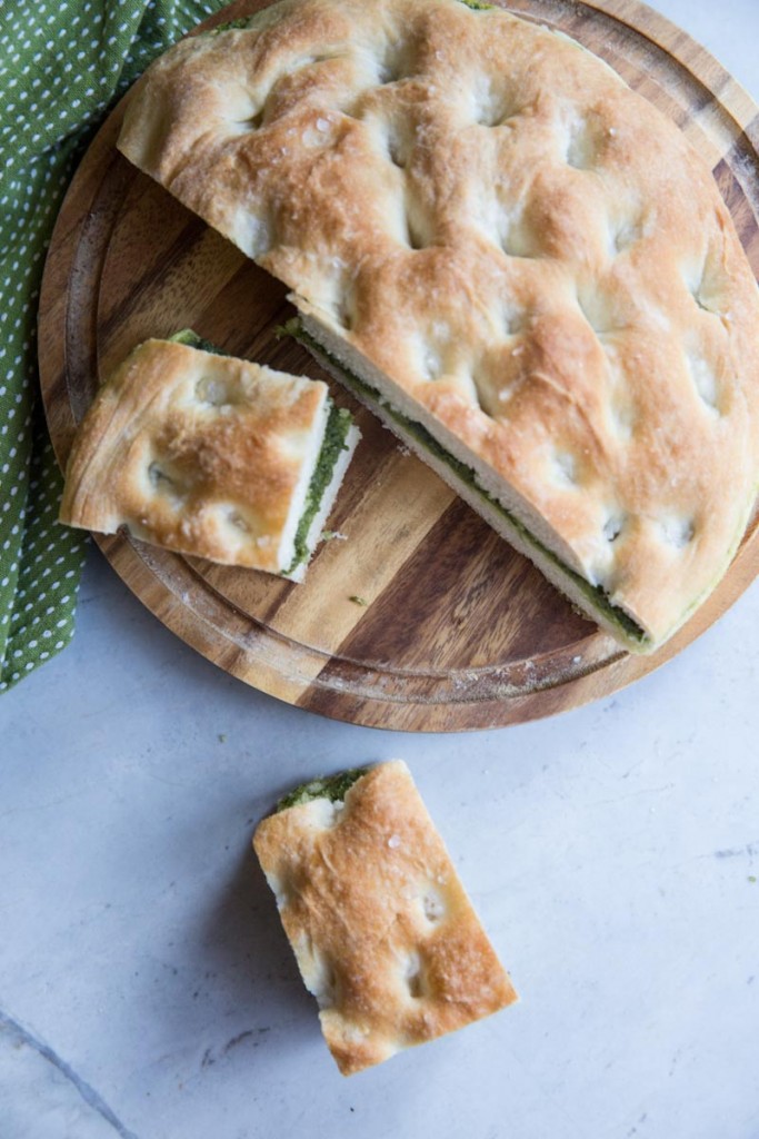 Pesto Filled Focaccia Bread Recipe • theVintageMixer.com #breadrecipe #focaccia #Italianfocaccia