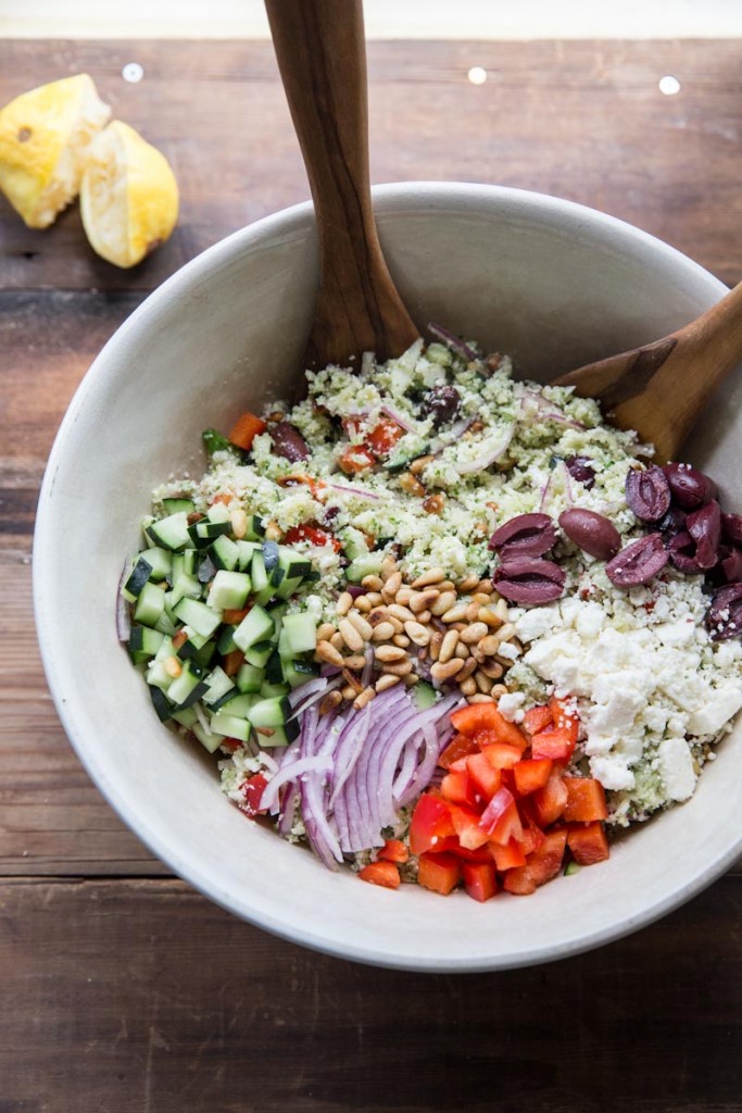 Cauliflower Couscous Greek Salad Recipe • theVintageMixer.com #greeksalad #cauliflower #cauliflowerrice #healthyrecipe #cleaneating #eatseasonal