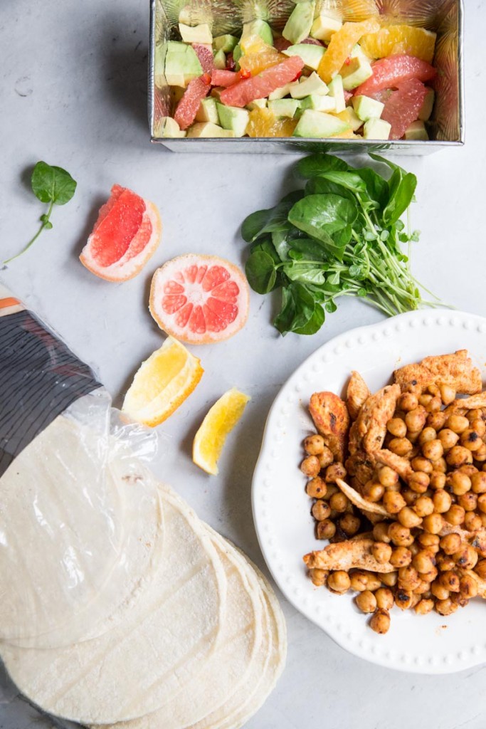 chicken and chickpea tacos with citrus avocado salsa • theVintageMixer.com #cleaneating #healthyeating #tacos #chickenrecipe