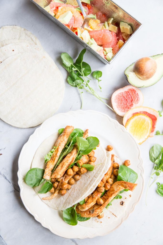 chicken and chickpea tacos with citrus avocado salsa • theVintageMixer.com #cleaneating #healthyeating #tacos #chickenrecipe