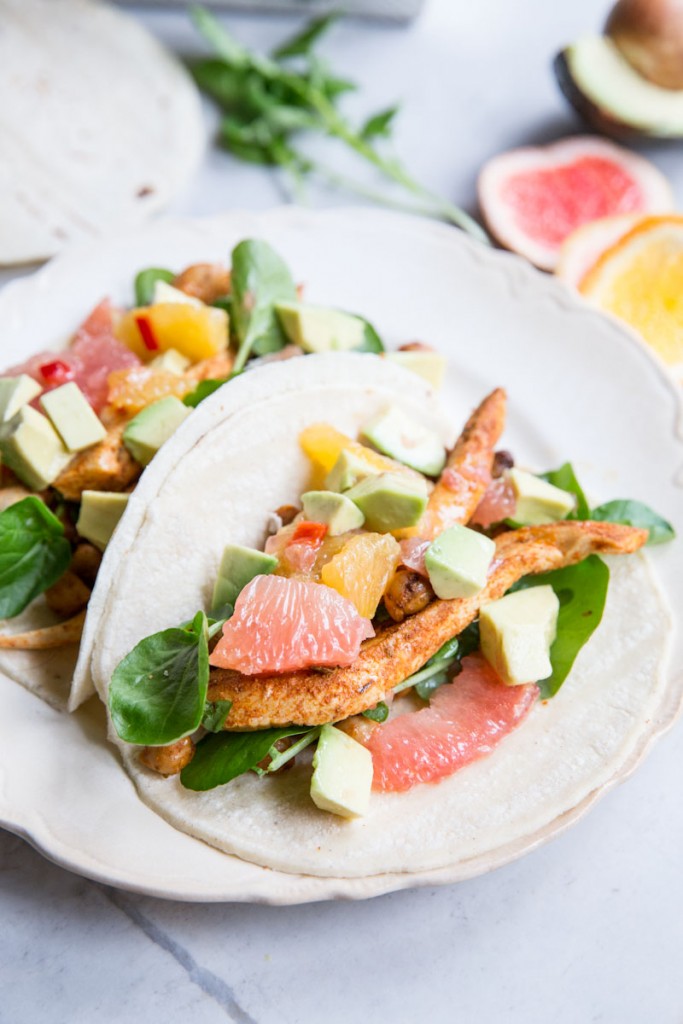 chicken and chickpea tacos with citrus avocado salsa • theVintageMixer.com #cleaneating #healthyeating #tacos #chickenrecipe