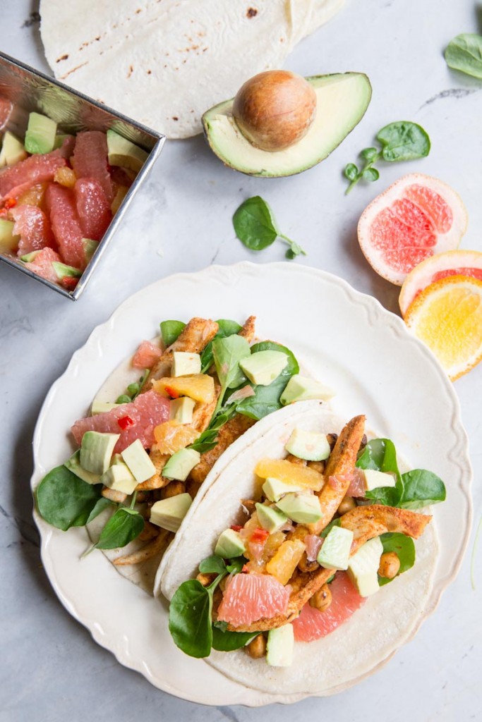 chicken and chickpea tacos with citrus avocado salsa • theVintageMixer.com #cleaneating #healthyeating #tacos #chickenrecipe