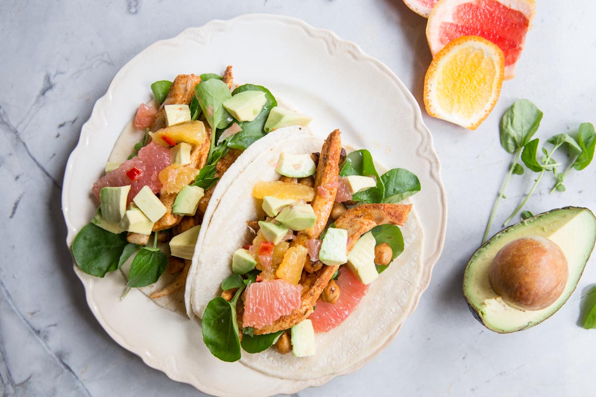 chicken and chickpea tacos with citrus avocado salsa • theVintageMixer.com #cleaneating #healthyeating #tacos #chickenrecipe