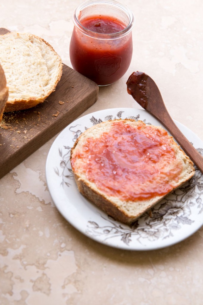 Freezer Friendly Strawberry Rhubarb Freezer Jam • theVintageMixer.com #cookbook #freezermeals #freezerrecipe