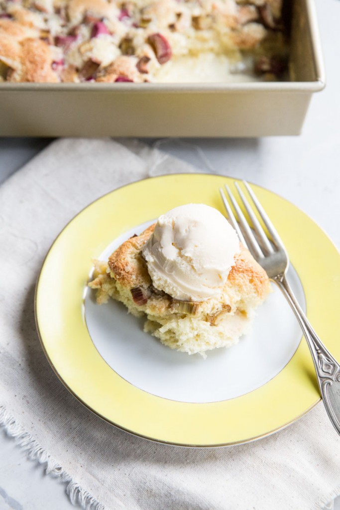 Rhubarb Custard Cake Recipe • theVintageMixer.com #cake #custardcake #rhubarb #rhubarbdessert #eatseasonal