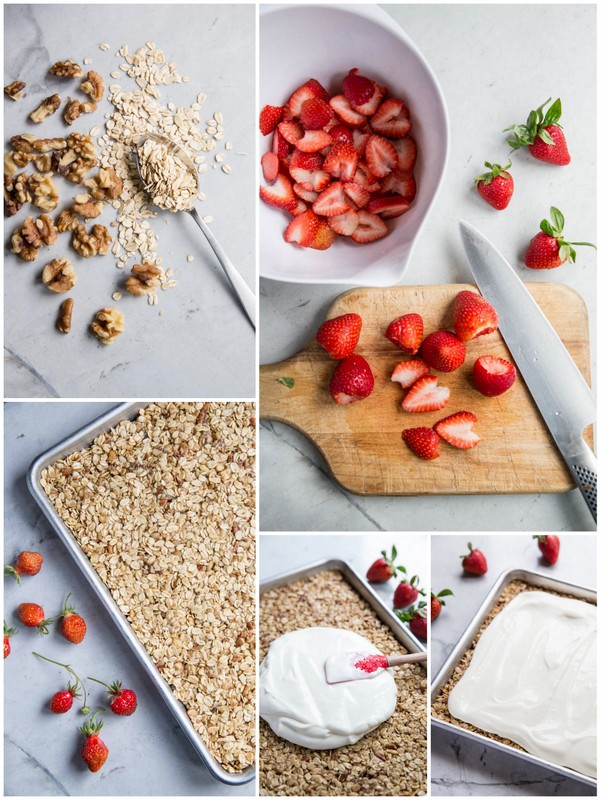 Strawberry Oatmeal Cookie Bars • theVintageMixer.com #seasonalrecipe #eatseasonal #strawberries #glutenfreedessert