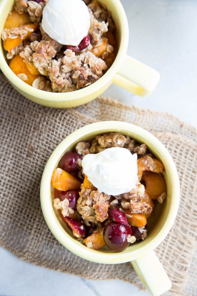 Apricot Cherry Breakfast Crisp Recipe • theVintageMixer.com #healthybreakfast #breakfastrecipe #crisprecipe #apricots #cherries