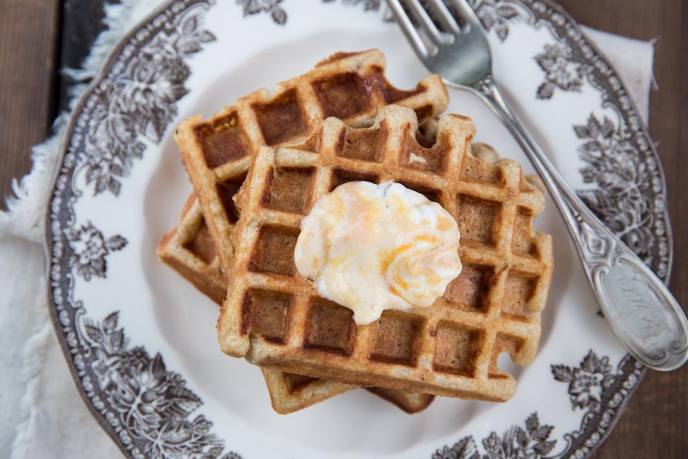 Pumpkin Yogurt Waffle Recipe • theVintageMixer.com #pumpkinrecipe #waffles