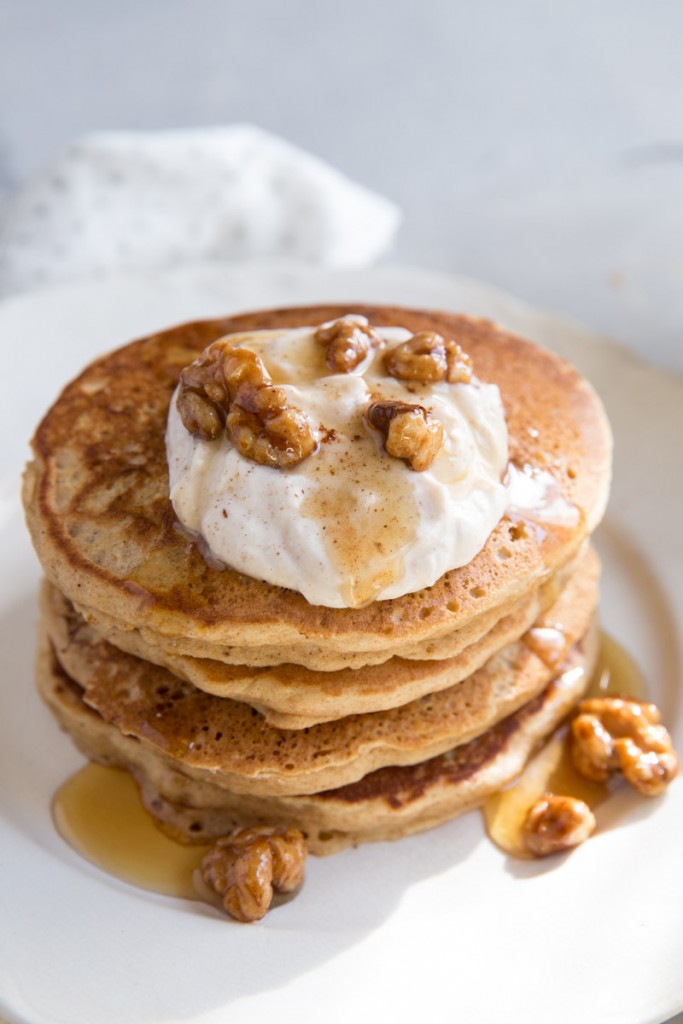 Carrot Cake Pancake Recipe with Whipped Ricotta Cream • theVintageMixer.com #breakfast #pancakes #carrotcake