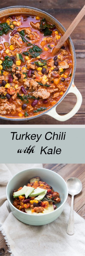 Healthy Turkey Chili with Kale Recipe • theVintageMixer.com #chili #turkeychili #kale #healthyrecipe