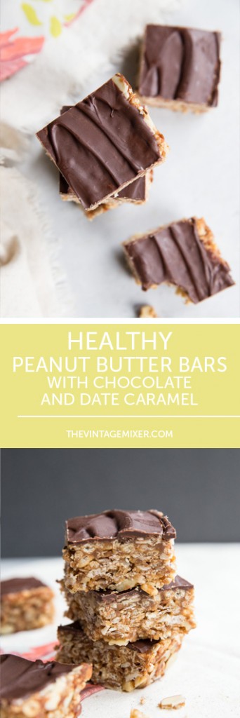 Healthy Peanut Butter Bars with Chocolate and Date Caramel • theVintageMixer.com #healthybars #healthysnack