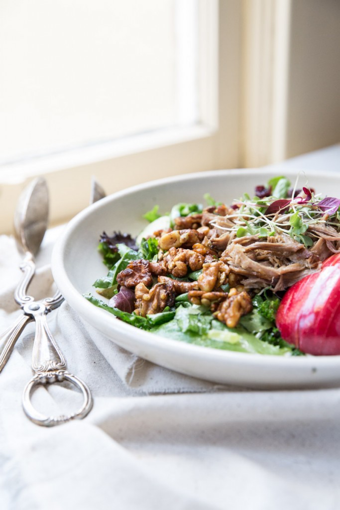 Fall Pulled Pork Salad with Apples Figs, Brussels Sprouts and Nuts • theVintageMixer.com #saladrecipe #pulledpork