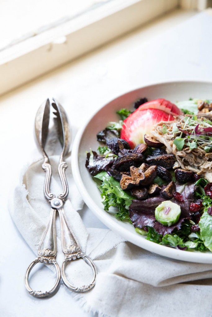 Fall Pulled Pork Salad with Apples Figs, Brussels Sprouts and Nuts • theVintageMixer.com #saladrecipe #pulledpork