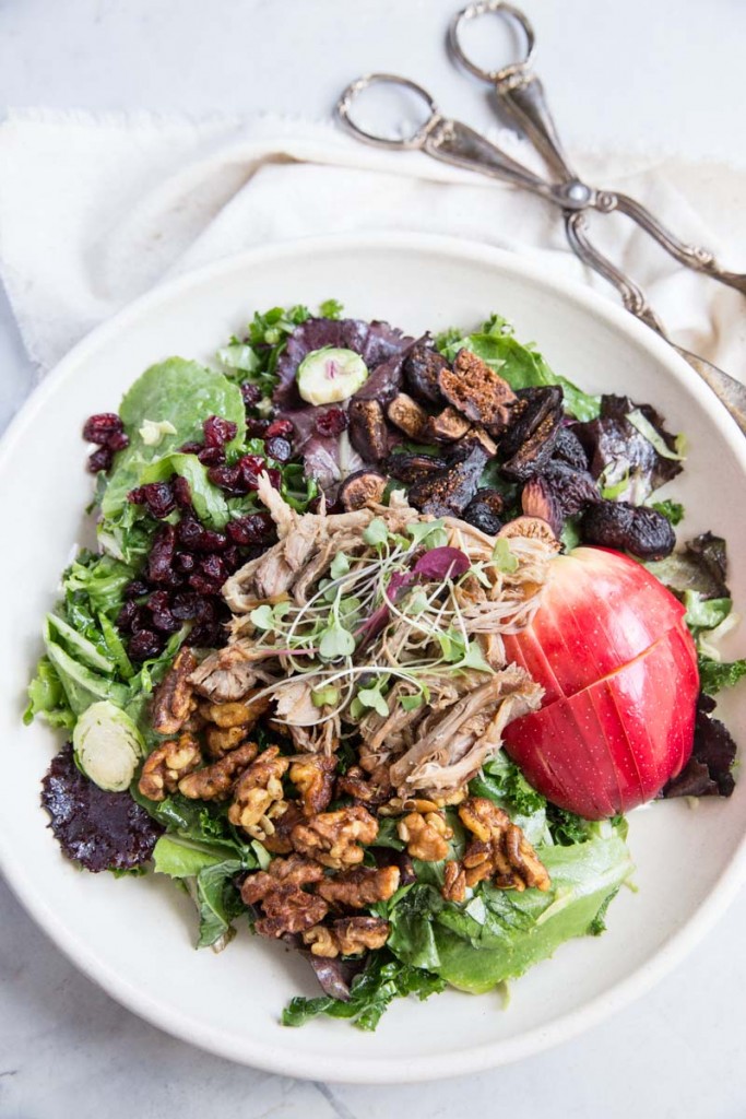 Fall Pulled Pork Salad with Apples Figs, Brussels Sprouts and Nuts • theVintageMixer.com #saladrecipe #pulledpork