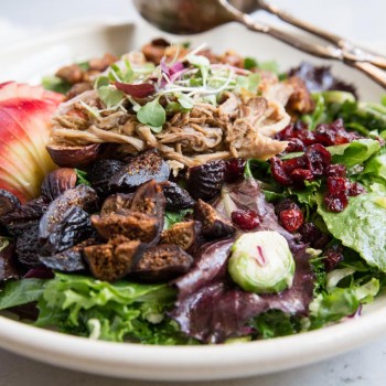 Fall Pulled Pork Salad with Apples Figs, Brussels Sprouts and Nuts • theVintageMixer.com #saladrecipe #pulledpork